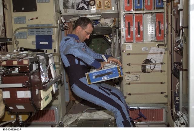 NASA image: Pettit looks through a food container in Zvezda during Expedition Six