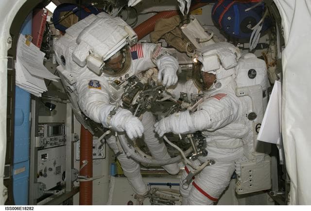 NASA image: Pettit and Bowersox complete EVA dry-run activities in the Airlock during Expedition Six
