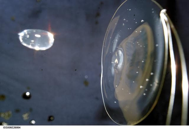 NASA image: View of a surface tension demonstration using water that is being held in place by a 50mm metal loop