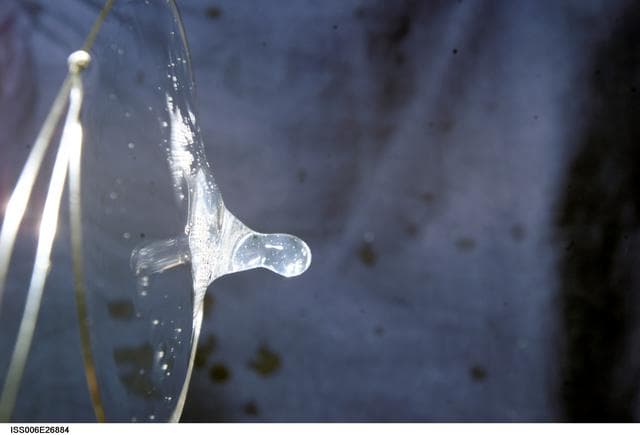 NASA image: View of a surface tension demonstration using water that is being held in place by a 50mm metal loop