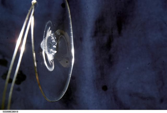 NASA image: View of a surface tension demonstration using water that is being held in place by a 50mm metal loop