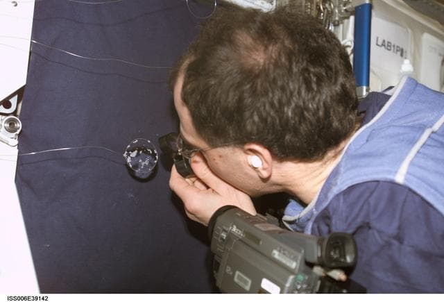 NASA image: Flight Engineer Donald R. Pettit looks closely at Sodium Chloride within a 50-millimeter metal loop