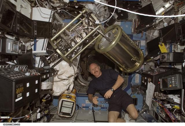 NASA image: Commander Kenneth D. Bowersox  posing with Supply Tank and FCPA as part of the ITCS
