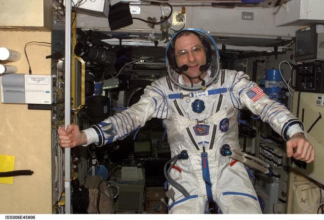 NASA image: Informal portrait of Flight Engineer Donald R. Pettit wearing Russian Sokol suit in the Soyuz
