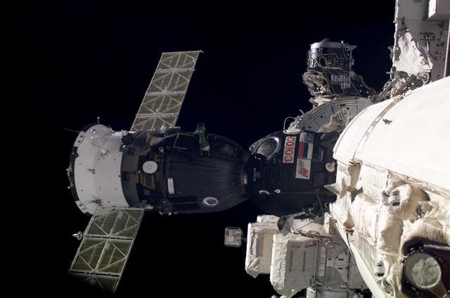 NASA image: View of Soyuz TMA-2 is docked to the FGB nadir port on the ISS during Expedition Six