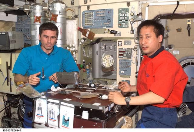 NASA image: Expedition Seven CDR Malenchenko and Science Officer Lu share meal in Zvezda
