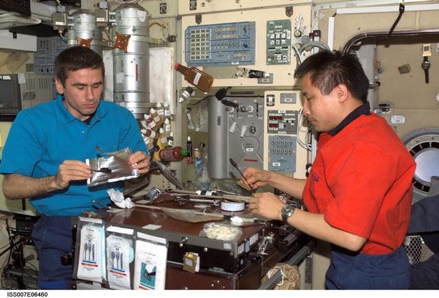 NASA image: Expedition Seven CDR Malenchenko and Science Officer Lu share meal in Zvezda