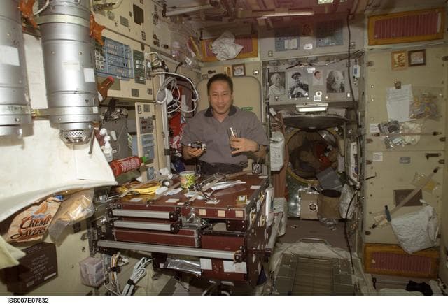 NASA image: Expedition Seven Science Officer Lu with food packets in Zvezda module