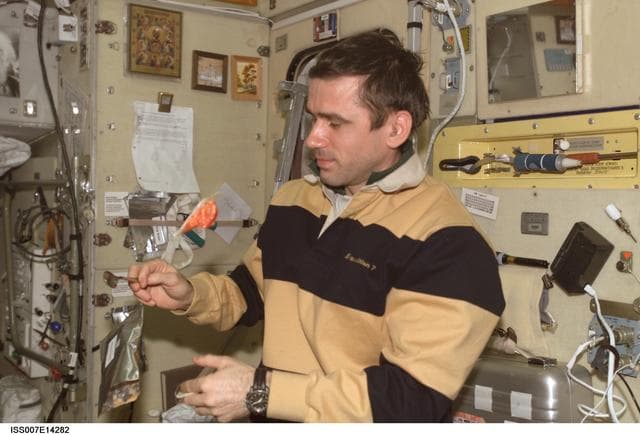 NASA image: Expedition Seven Malenchenko eating in Zvezda Service module