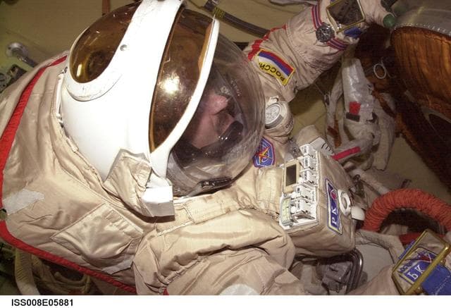NASA image: Kaleri during Orlan suit-up dry run in Pirs DC during Expedition 8