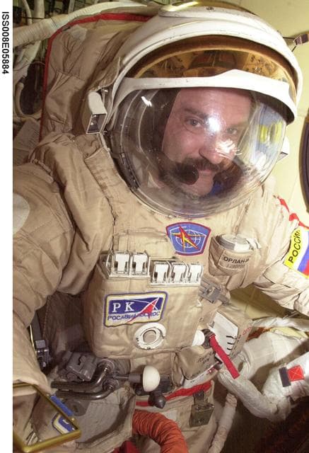 NASA image: Kaleri during Orlan suit-up dry run in Pirs DC during Expedition 8