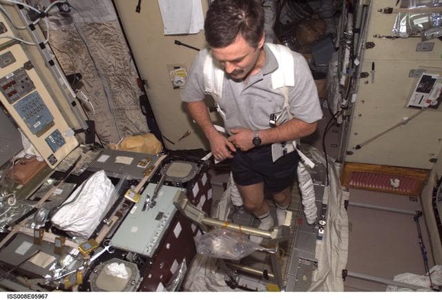 NASA image: Kaleri during a data collection / exercise session on the TVIS in the SM during Expedition 8