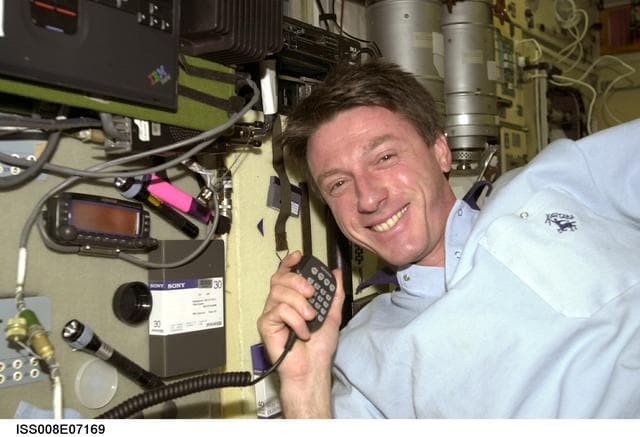 NASA image: Foale talks on the ARISS Ham Radio in the SM during Expedition 8