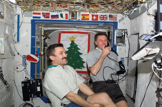 NASA image: Kaleri and Foale during telecon in the U.S. Lab during Expedition 8