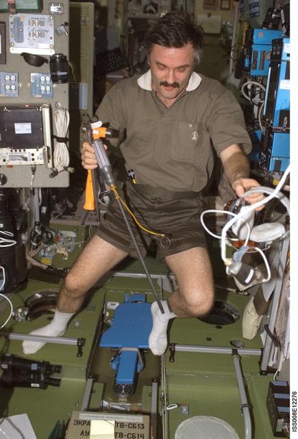 NASA image: Kaleri takes cabin pressure check readings in the SM during Expedition 8
