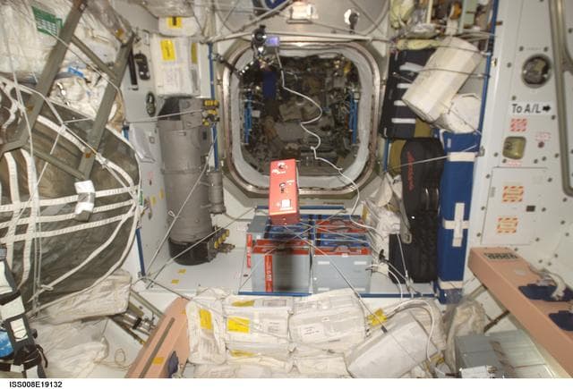 NASA image: SPHERES ultrasound beacon tester floats in Node 1 during Expedition 8