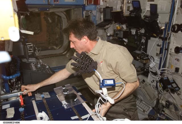 NASA image: Foale performs Hand Posture Analysis (HPA) experiment OPS in U.S. Lab during Expedition 8