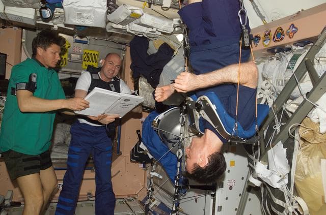 NASA image: Padalka and Kuipers review a procedures book in Node 1 as Foale looks on during EXP 9 / EXP 8