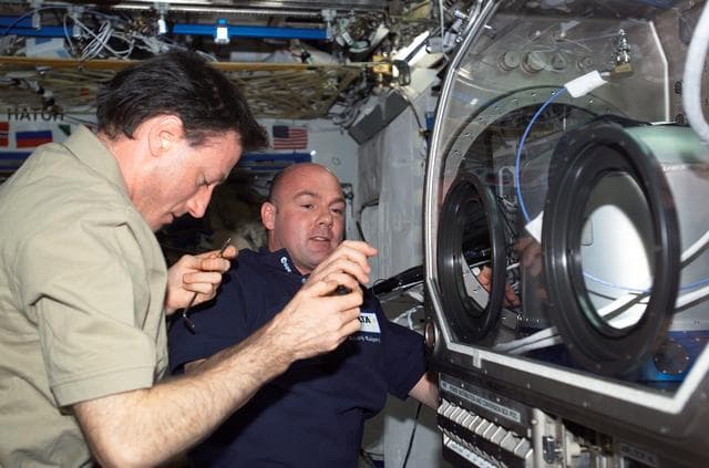 NASA image: Foale and Kuipers conduct ARGES experiment OPS at the MSG during EXP 8 / EXP 9