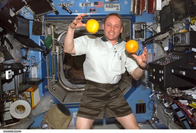 NASA image: Fincke juggles citrus fruit in the U.S. Lab during EXP 9 / EXP 8