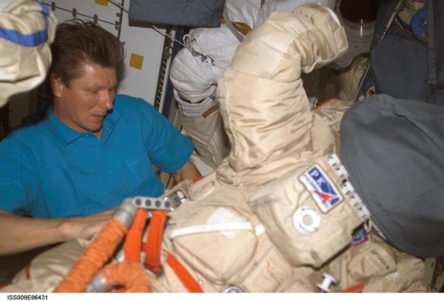 NASA image: Padalka checks out an Orlan suit during Expedition 9