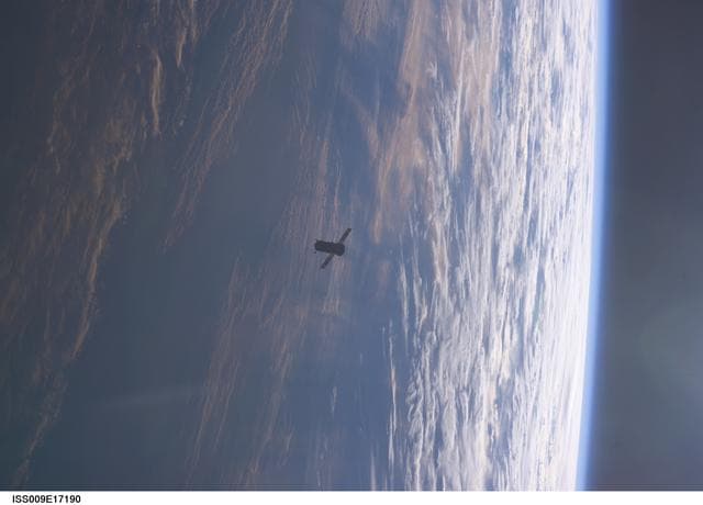 NASA image: Progress Spacecraft moves away from the station after undocking taken during Expedition 9