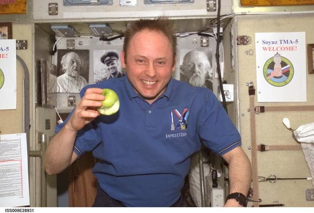 NASA image: Fincke smiles at the camera as he holds a partially eaten apple during Expedition 9