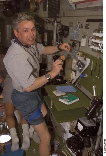 NASA image: Shagrin works with an experiment in the SM during Expedition 9/10 joint operations