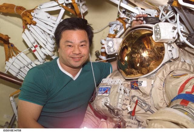 NASA image: Chiao poses with EMU in the Airlock during Expedition 10