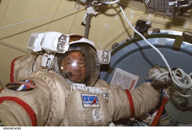 NASA image: Chiao wearing an EMU in the Airlock during Expedition 10