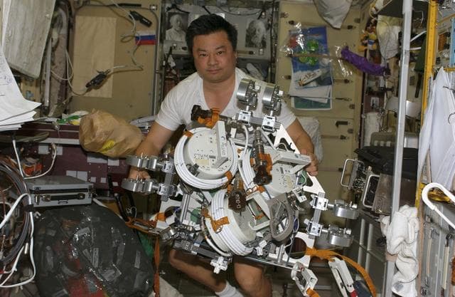 NASA image: Chiao holds EVA holds tool caddy in the SM during Expedition 10