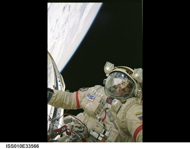 NASA image: Sharipov works on the exterior of the SM during Expedition 10 EVA