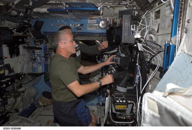 NASA image: Phillips and Krikalev  in U.S. Laboratory during SSRMS proficiency training
