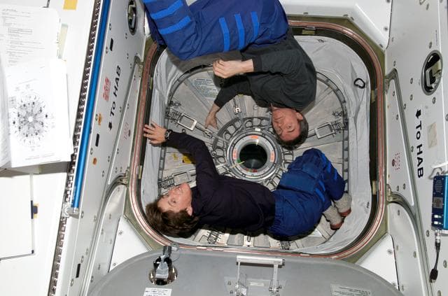 NASA image: Krikalev and Lawrence in MPLM