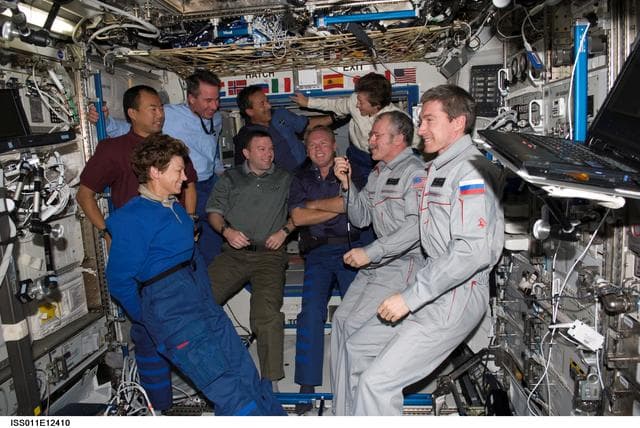 NASA image: STS-114 and Expedition 11 crew in Destiny module