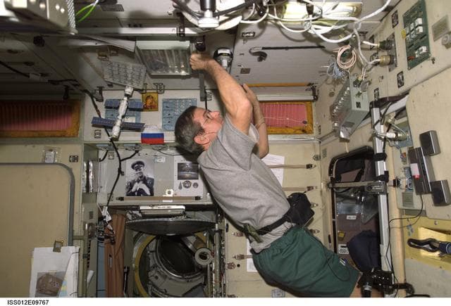 NASA image: McArthur replaces panel after ventilation filter cleaning inside the SM during Expedition 12