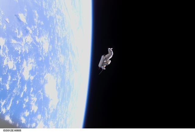 NASA image: Orlan Suit RadioSkaf Microsatellite after release from the ISS during the second EVA on Expedition 12