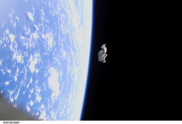 NASA image: Orlan Suit RadioSkaf Microsatellite after release from the ISS during the second EVA on Expedition 12