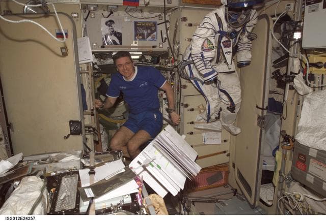 NASA image: McArthur smiles at camera during preparations for the Soyuz undocking on Expedition 12/13 Joint Operations