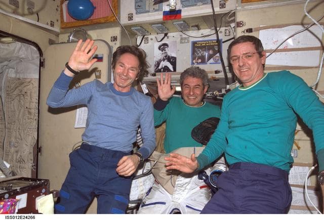 NASA image: McArthur,Tokarev and Pontes in the SM before ingressing the Soyuz during Expedition 12/13 Joint Operations