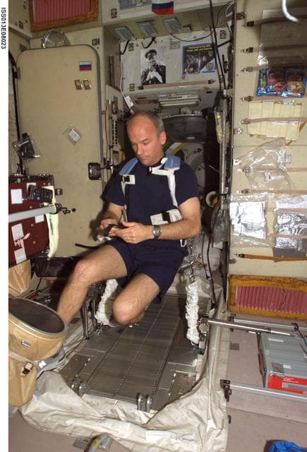 NASA image: Williams makes adjustment to strap in the SM during Expedition 13
