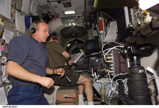 NASA image: Williams and Vinogradov monitor data in the SM of the Progress 21 approach during Expedition 13