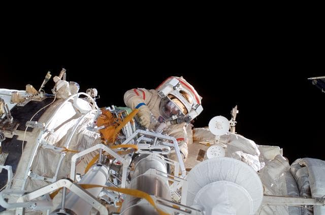NASA image: Vinogradov makes a repair to the Elektron vent on the SM during Expedition 13