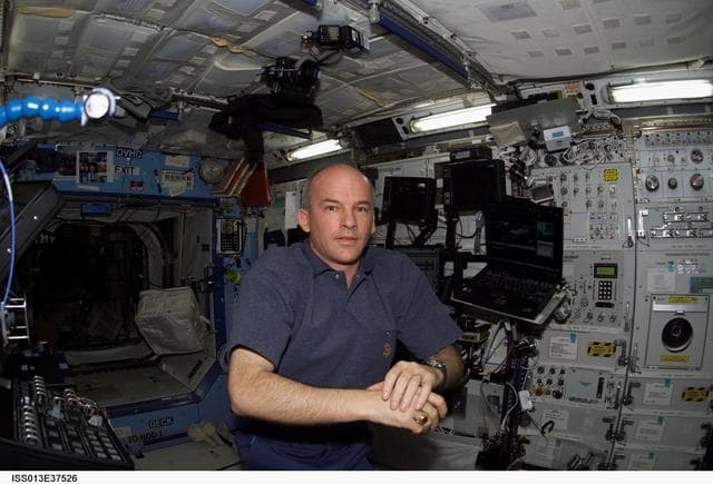 NASA image: Williams poses for photo in the U.S. Laboratory during Expedition 13