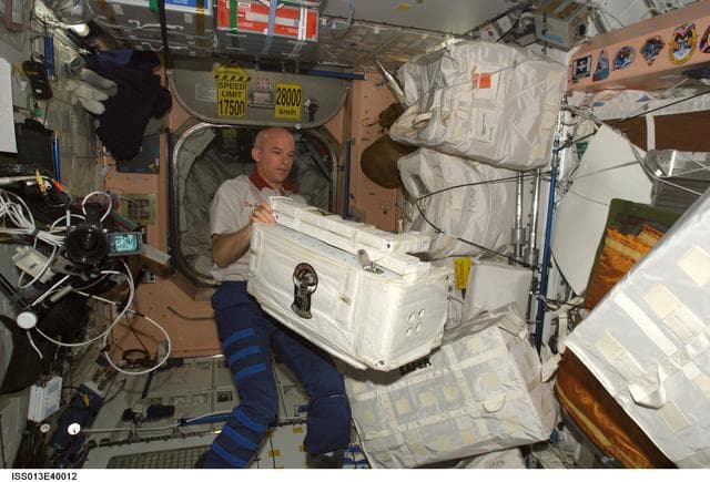 NASA image: Williams works with stowage containers in the Node 1 during Expedition 13