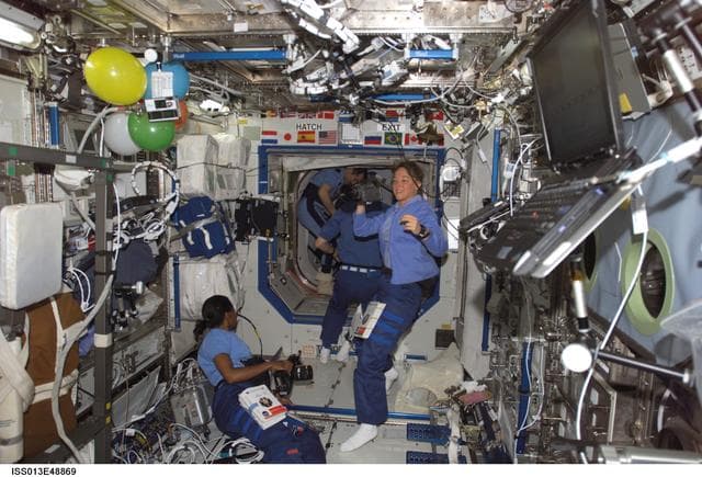 NASA image: Wilson and Nowak check on camera equipment in the U.S. Laboratory during Expedition 13 and STS-121 joint operations
