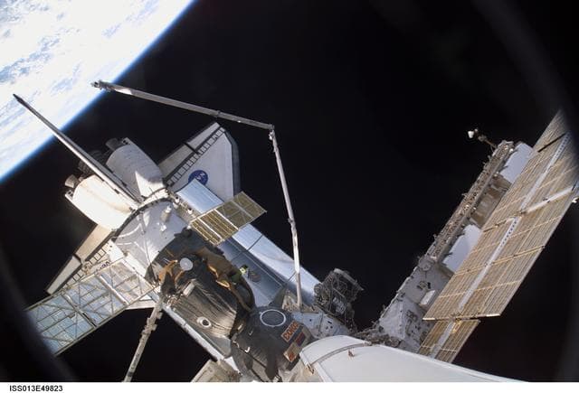 NASA image: Space Shuttle and Soyuz docked to the ISS during Expedition 13