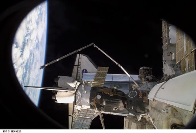 NASA image: Space Shuttle and Soyuz docked to the ISS during Expedition 13
