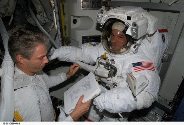 NASA image: EVA preparation during Expedition 13