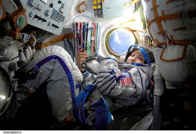 NASA image: Ansari in route to the ISS on the Soyuz TMA-9